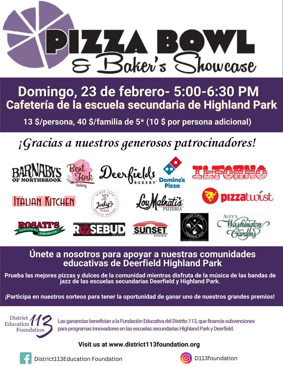 Join us Sunday for Pizza Bowl to support the District 113 Education Foundation! Enjoy the best local pizza and treats while listening to the Deerfield and Highland Park High School Jazz Bands. Proceeds fund grants for programs at DHS and HPHS. Don't miss it!