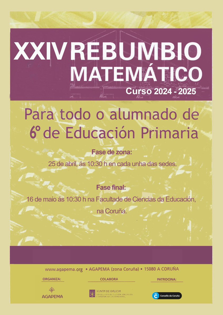 agapema (@agapemaf) on Twitter photo O día 1 de marzo remata o prazo para inscribirse no XXIV Rebumbio Matemático para alumnado de 6º de primaria. Aínda estades a tempo de apuntarvos. Animádevos a participar!! O día 1 de marzo remata o prazo para inscribirse no XXIV Rebumbio Matemático para alumnado de 6º de primaria. Aínda estades a tempo de apuntarvos. Animádevos a participar!!