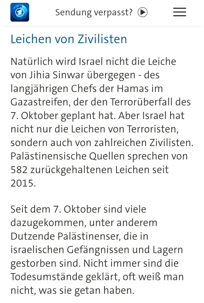 Warum werden in diesem bizarren Artikel, der ausgerechnet am heutigen Tag von der Tagesschau veröffentlicht wurde, die „palästinensischen Quellen“ nicht näher benannt?

tagesschau.de/ausland/asien/…