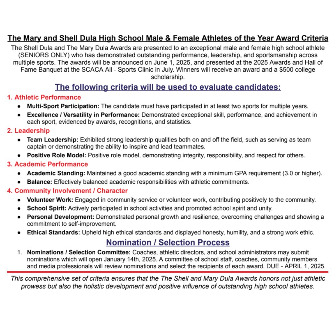 Reminder! The Male &amp; Female Athlete of the Year Award nomination form is now open! Head to sccoaches.org to submit your nominations today.

#scsports #southcarolinasports #studentathletes #highschoolcoaches #coaches #highschoolsports #southcarolina #schighschools
