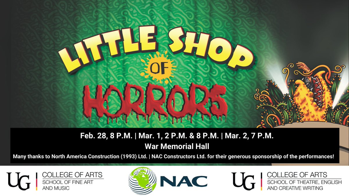 Don’t miss "Little Shop of Horrors," a darkly comedic musical in which joy comes at a scary cost, presented by the School of Fine Art and Music and the School of Theatre, English, and Creative Writing. Shows run Feb. 28 to Mar. 2. Buy tickets: uoguel.ph/9w3u7!