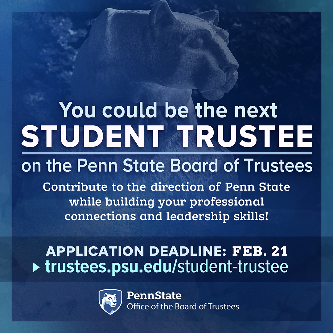 Apply now to become the next Student Trustee or a member of the Selection Committee. Help shape the future of our university and represent the student voice.

📅 Applications close soon!

🔗 Learn more and apply here: loom.ly/ZQ2y06M

#WeAre #PennState #StudentLeadership