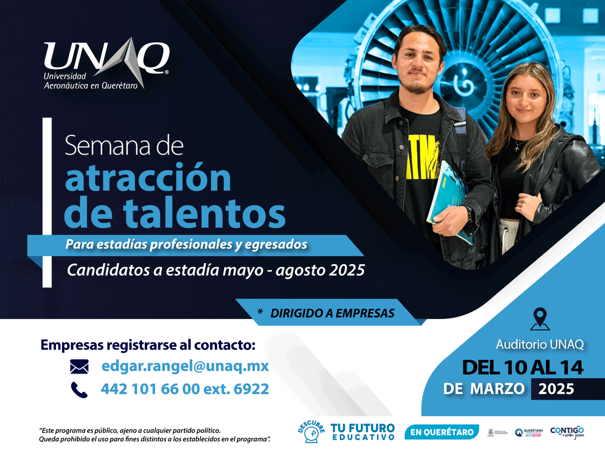 UNAQmx's tweet photo. Estimado empleador 📢
El talento #UNAQ ✈️ está en búsqueda de estadías profesionales para 2025. Te invitamos a conocer sus perfiles en nuestra "Semana de Atracción de Talentos" del 10 al 14 de marzo.
¡No pierdas la oportunidad de sumar talento aeronáutico a tu empresa! 🫡🫵 https://t.co/liBEUdKpJE