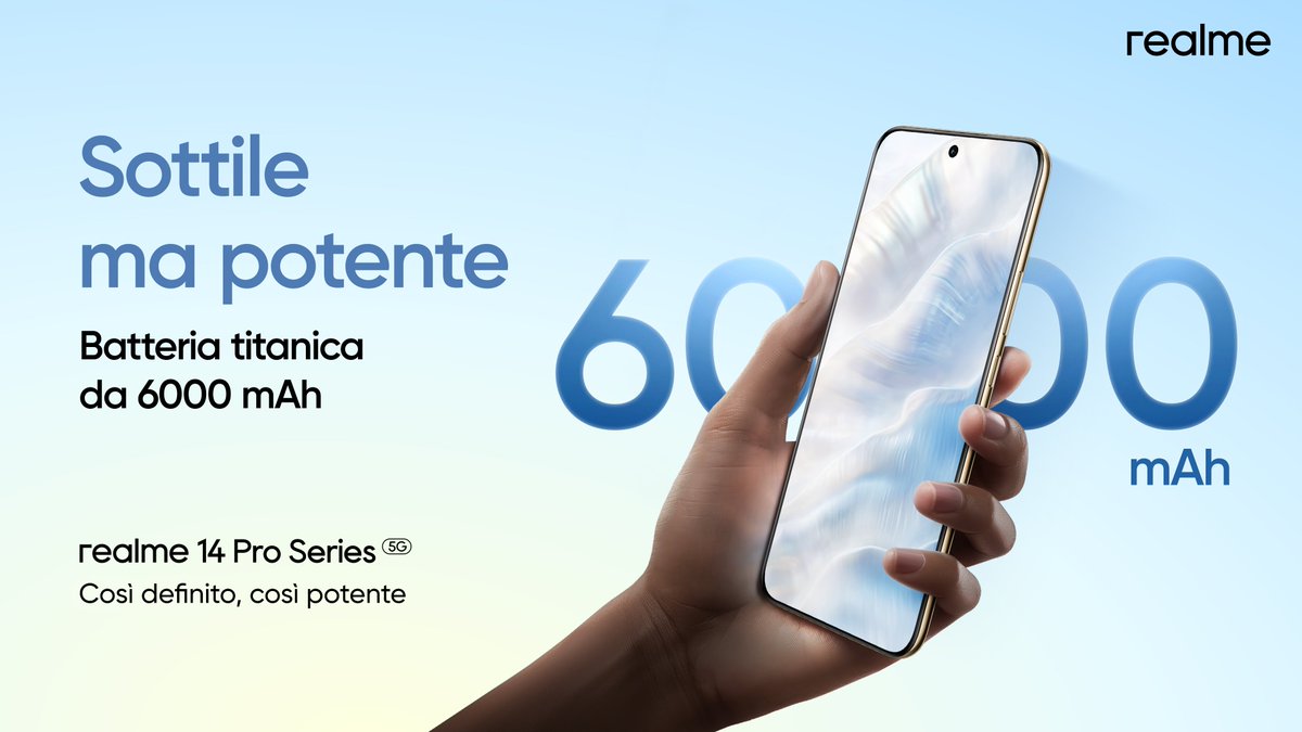 realmeItalia's tweet photo. Leggero, elegante e pronto a seguirti ovunque: con la sua batteria da 6000 mAh, realme 14 Pro ti garantisce autonomia per tutta la giornata. 🌟 #realme14ProSeries #1stColdColorChangePhone https://t.co/yAtaEdoY2f