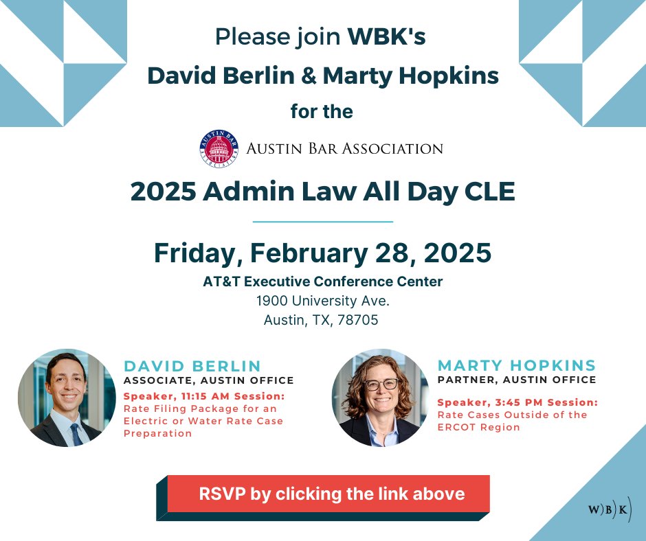 WBK’s David Berlin &amp; Marty Hopkins are bringing their expertise to the Austin Bar Association - Admin Law Section All Day CLE!
 
The CLE is on Friday, February 28, 2025 at the AT&amp;T Executive Conference Center in Austin, starting at 7:45 am.

Register here: bit.ly/4baNTcE