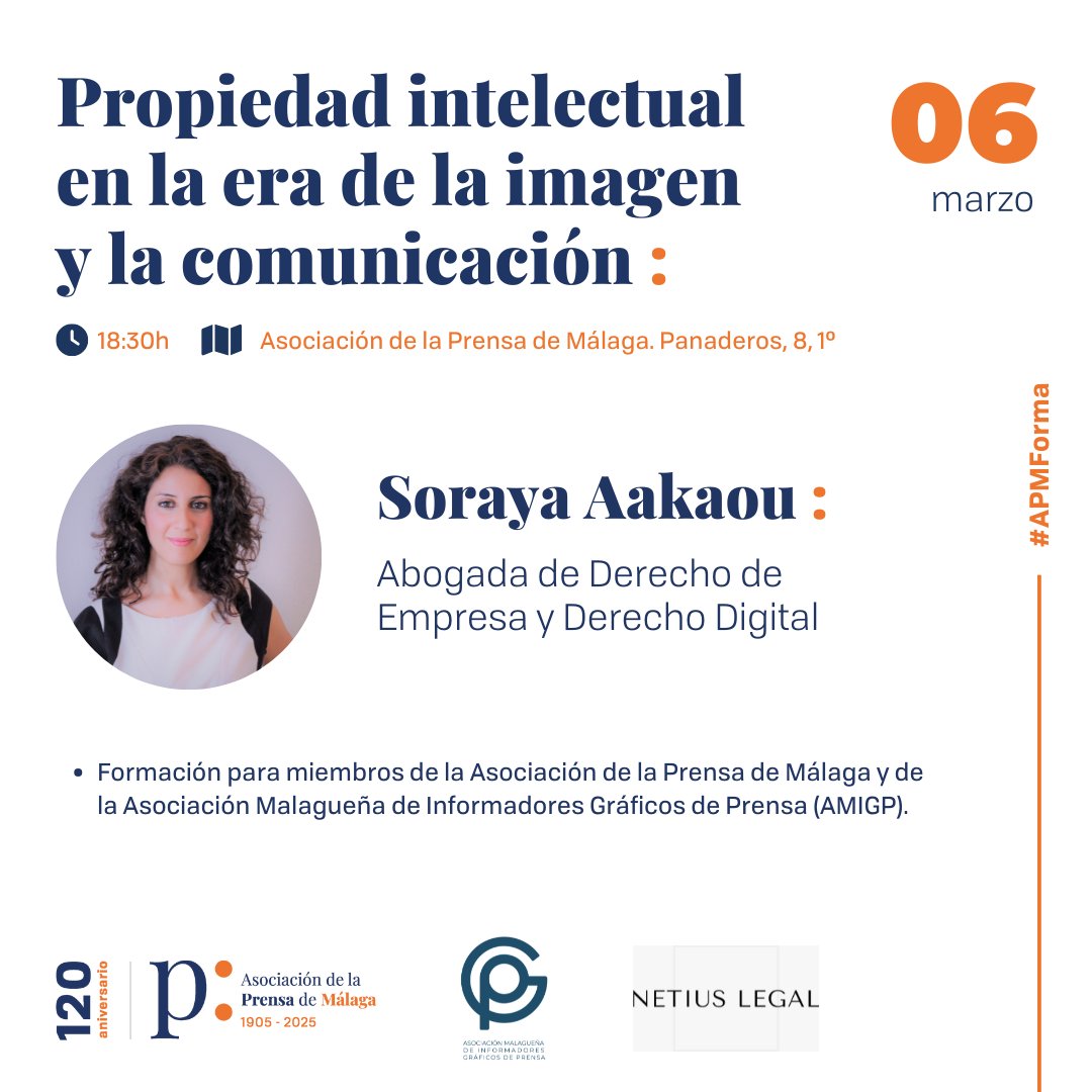 aprensamalaga's tweet photo. #APMForma | ¿Sabes cómo proteger tus derechos de autor? La abogada Soraya Aakaou, de Netius Legal, imparte en nuestra sede el taller ‘Propiedad intelectual en la era de la imagen’.

⏰Jueves, 6 de marzo |  18.30h.
👉Organizan @aprensamalaga y @AMIGP1 
ℹ️ https://t.co/JiRLo3jjwC https://t.co/jhjjXsZJGQ
