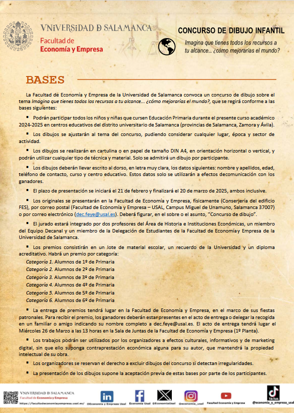 En <a href="/EconomiaUsal/">Economía y Empresa</a> <a href="/usal/">Universidad de Salamanca</a> lanzamos la IV edición de nuestro 𝐂𝐨𝐧𝐜𝐮𝐫𝐬𝐨 𝐝𝐞 𝐃𝐢𝐛𝐮𝐣𝐨 𝐈𝐧𝐟𝐚𝐧𝐭𝐢𝐥 para alumnos de Primaria. Este año con el tema "Imagina que tienes todos los recursos a tu alcance... ¿cómo mejorarías el mundo?". 6 premios, 1 por curso ¡¡Animaos!!🎨🏆