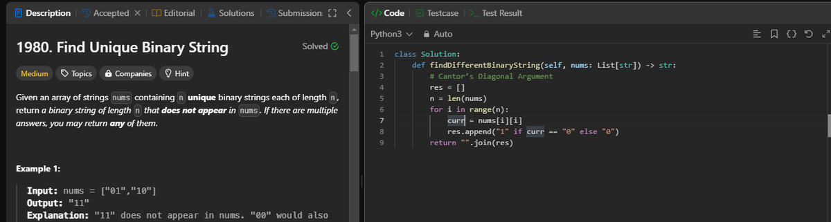 PrachiP66525893's tweet image. Day 66 of #100DaysOfCode ✅ Solved problem number 1980, Find Unique Binary String (POTD) 🎯 Didn't do much today, mid-sem exams are approaching! 📚✍️
#LeetCode #CodingConsistency