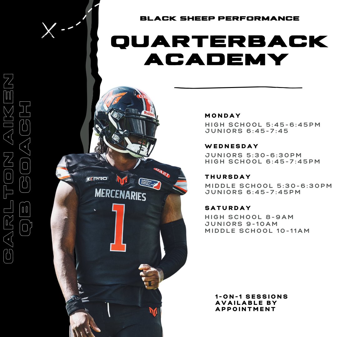 Coach Carlton has been promoted to our head quarterback coach! Carlton has been doing great work with the program and we are excited to see it continue to grow. 🏈

And on that note, we’ve expanded the QB training schedule! Here are the new session times starting March 1st.