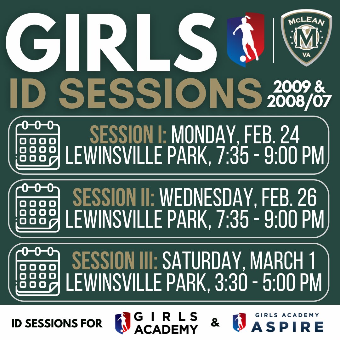 📣 ID Sessions for McLean Girls Academy

Register: mcleansoccer.org/ga-idsessions/

The upcoming ID Sessions are specifically for the top-tier GA team. Evaluations for GA Aspire level teams will be conducted in spring. All players trying out MUST REGISTER!