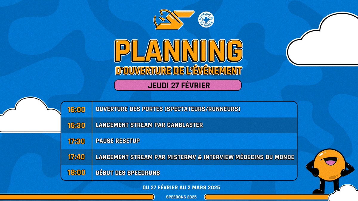 SpeeDonsFR's tweet image. Toutes les informations du jeudi 27 février.

Heure d'ouverture, lancement du stream, lancement du stream, début des runs.

Tout ce que vous devez savoir est là !