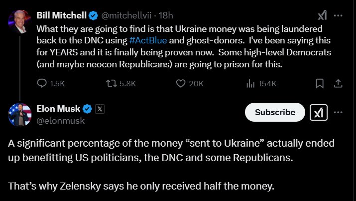 🚨 Elon Musk claims that a significant percentage of the money “sent to Ukraine” ended up benefitting US politicians from both parties.