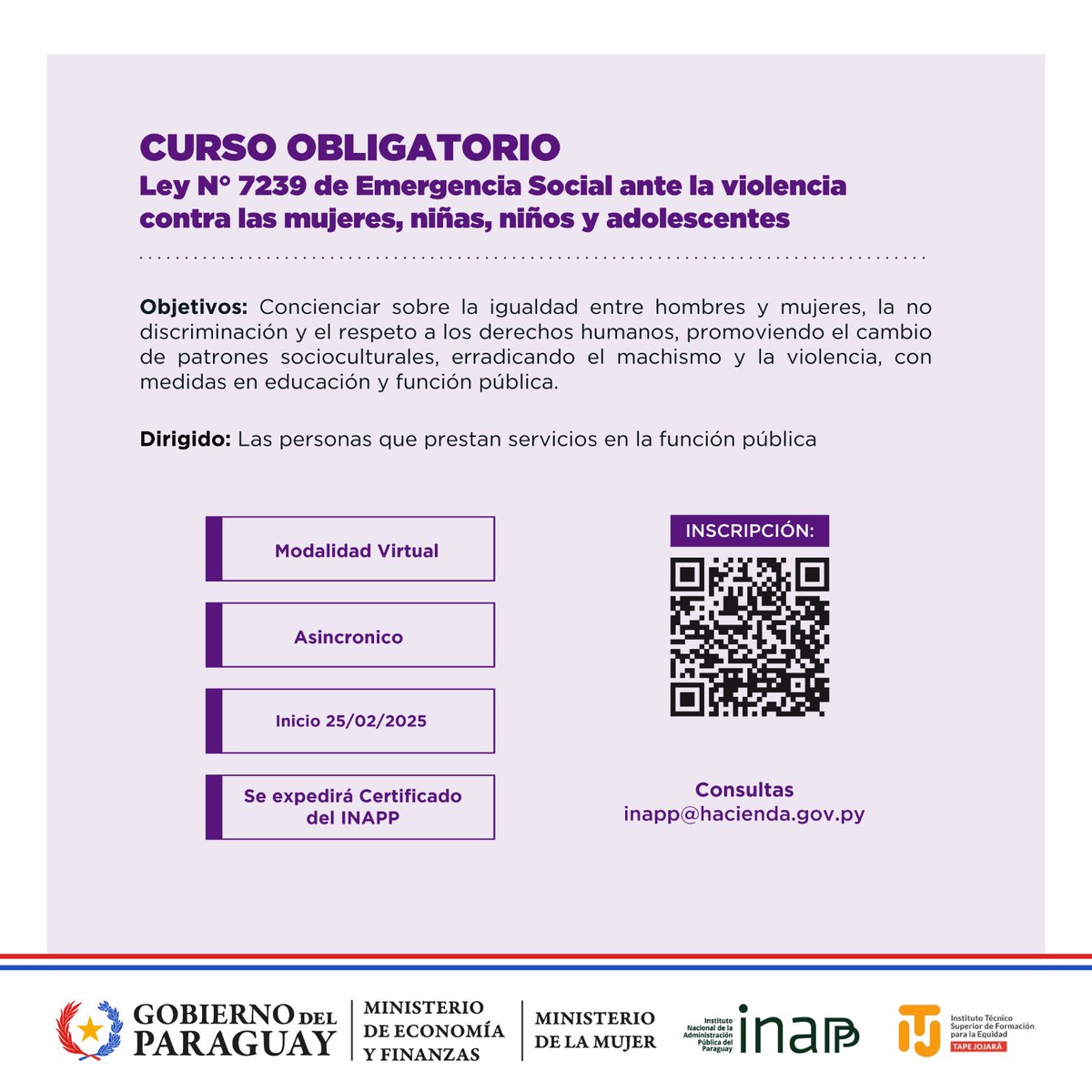 #MEF, a través del #INAPP, pone a disposición de los servidores públicos un curso sobre prevención, asistencia y protección a mujeres, niños, niñas y adolescentes en situación de violencia.

📌 Inicio 25/02/2025

📅 Inscribite: lc.cx/lbb8GX

➡️  lc.cx/boKCYg