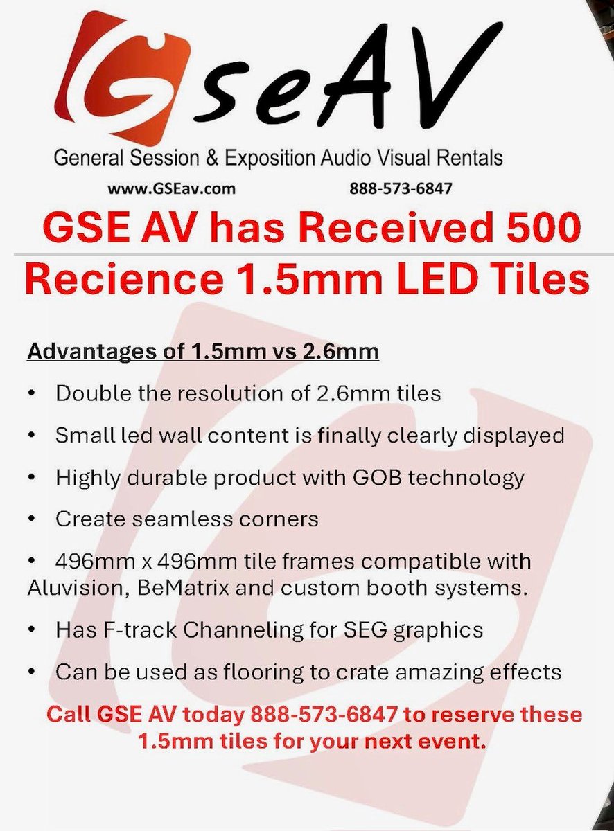 GSEAV's tweet photo. ‼️FYI: We have added new Recience 1.5mm LED Tiles to our inventory! Whether you're looking to create a seamless videowall, an intricate high res flooring display, or even a cube shaped structure -these LED tiles do it all. Call to learn more or reserve them for your next event ☎️ https://t.co/4zAp1RnXPV