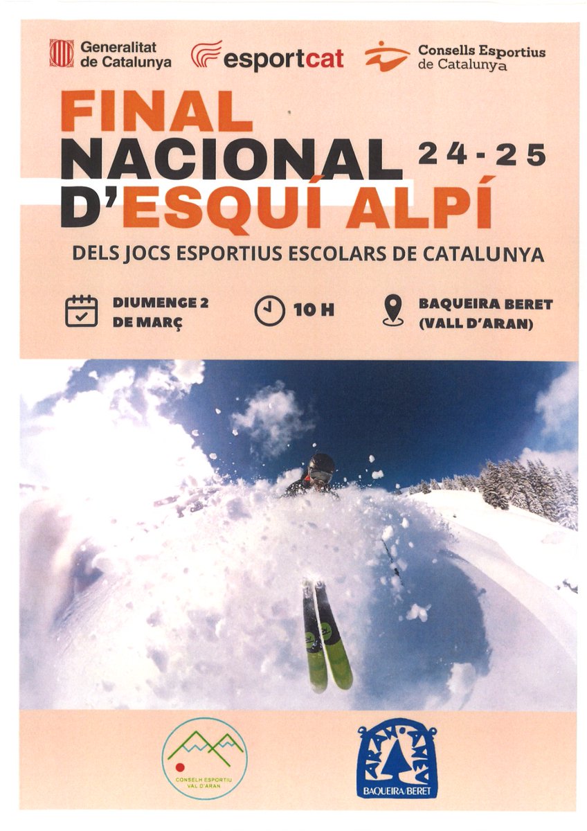 ⛷️Ja podeu tramitar les inscripcions de la Final Nacional d'Esquí Alpí dels #JEEC que tindrà lloc el proper 2 de març a <a href="/baqueira_beret/">Baqueira Beret</a>. 
Us hi esperem!!!! 
Més info a cepallarsjussa.cat
<a href="/esportcat/">Esports</a> #FinalsJEEC