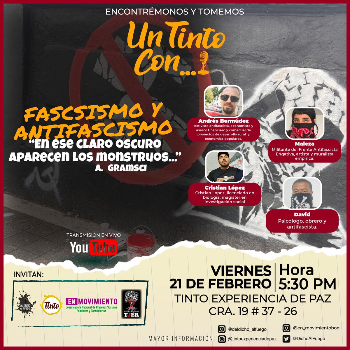 DichoAlFuego's tweet photo. ¡Encontrémonos y disfrutemos de una buena tarde de camaradería y fraternidad!

🗓️ Fecha: Viernes 21 de Febrero 

Hora: 5:30 PM ⏰

📌Lugar: Tinto Experiencia de Paz - Av CRA 19# 37 - 26 - Teusaquillo

#UnTintoCon
#DelDichoAlFuego
#Antifascismo 
#EnMovimiento https://t.co/ujmifde0AM