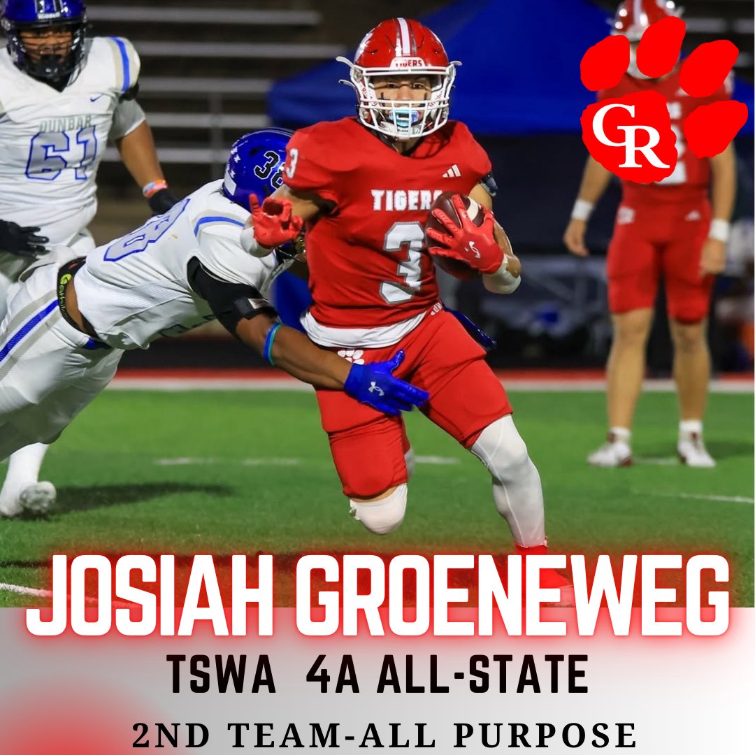 Cliff Watkins (@coach_cwatkins) on Twitter photo Congratulations to these Tigers for earning a spot on the 4A Texas Sports Writers Association All-State 🏈 Team
<a href="/KeltynRaymond/">Keltyn Raymond</a> 2nd Team DL
<a href="/Josiahgr3/">Josiah Groeneweg</a> 2nd Team All Purpose
<a href="/GRTigerFootball/">Glen Rose Football</a>
<a href="/GRHS_TIGERS/">Glen Rose Tigers</a> Congratulations to these Tigers for earning a spot on the 4A Texas Sports Writers Association All-State 🏈 Team
<a href="/KeltynRaymond/">Keltyn Raymond</a> 2nd Team DL
<a href="/Josiahgr3/">Josiah Groeneweg</a> 2nd Team All Purpose
<a href="/GRTigerFootball/">Glen Rose Football</a>
<a href="/GRHS_TIGERS/">Glen Rose Tigers</a>