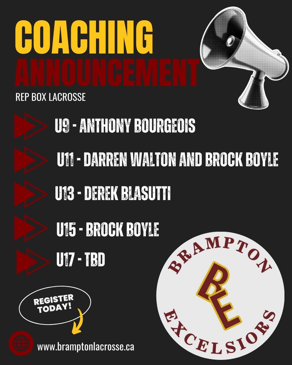 Congrats to all our coaches! We are looking forward to the 2025 season. Make sure you register prior to tryouts on March 17. bramptonlacrosse.ca. #Lacrosse #BramptonLacrosse #BoxLacrosse #FieldLacrosse