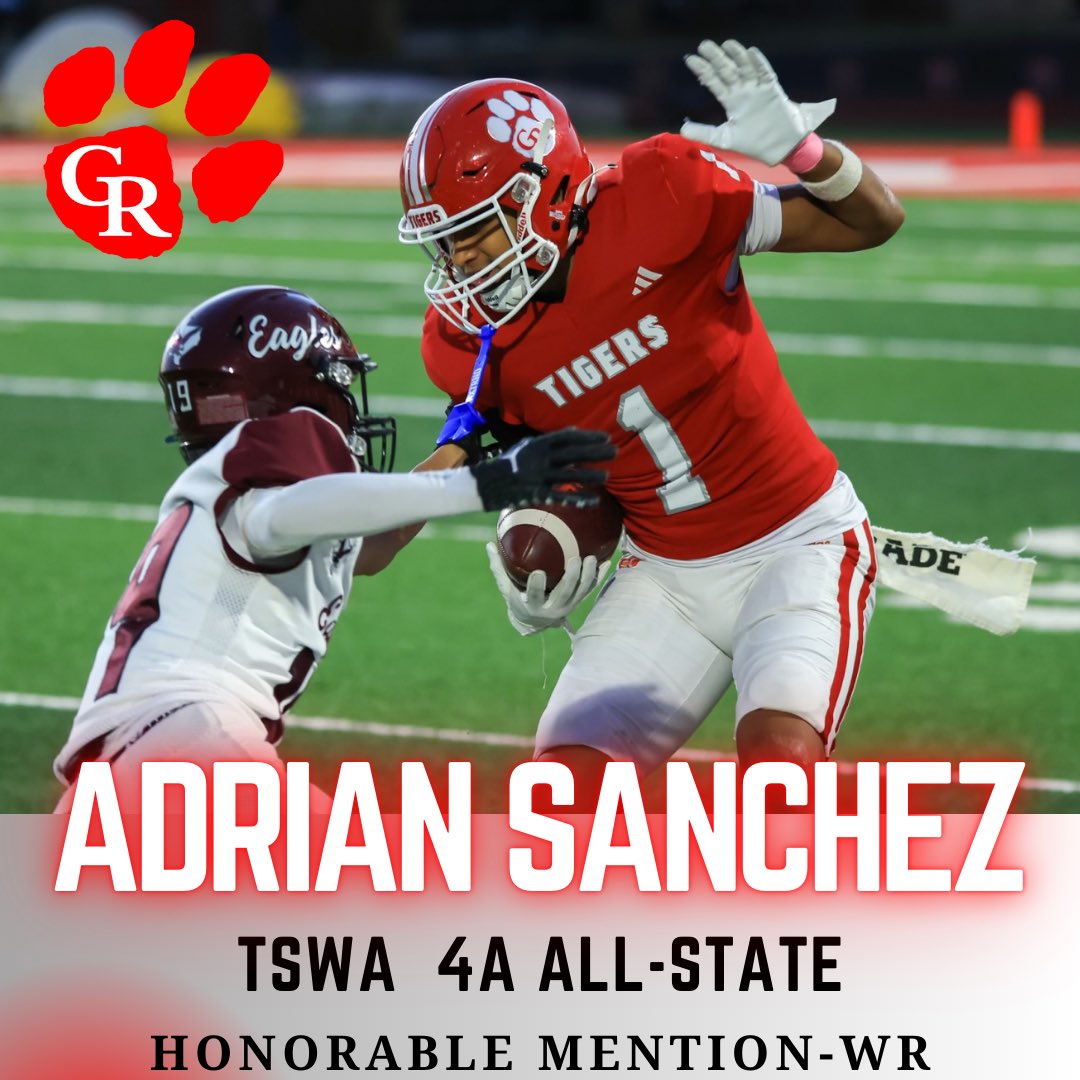 Cliff Watkins (@coach_cwatkins) on Twitter photo Congratulations to these Tigers for earning a spot on the 4A Texas Sports Writers Association All-State 🏈 Team
<a href="/CanyonEvans_25/">Canyon Evans</a> HM Quarterback
<a href="/Adrian_S11/">Adrian Sanchez</a> HM Wide Receiver
<a href="/GRTigerFootball/">Glen Rose Football</a>
<a href="/GRHS_TIGERS/">Glen Rose Tigers</a> Congratulations to these Tigers for earning a spot on the 4A Texas Sports Writers Association All-State 🏈 Team
<a href="/CanyonEvans_25/">Canyon Evans</a> HM Quarterback
<a href="/Adrian_S11/">Adrian Sanchez</a> HM Wide Receiver
<a href="/GRTigerFootball/">Glen Rose Football</a>
<a href="/GRHS_TIGERS/">Glen Rose Tigers</a>