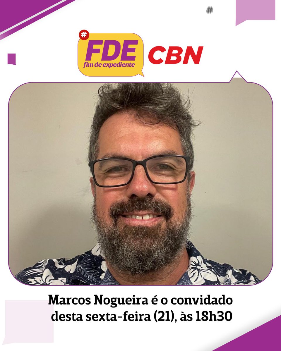 Rádio CBN (@cbnoficial) on Twitter photo No <a href="/fdecbn/">Fim de expediente</a> desta sexta-feira (21), <a href="/danstulbach/">Dan Stulbach</a>, <a href="/tecomedina/">Teco</a> e José Godoy recebem o jornalista e apresentador Marcos Nogueira (<a href="/cozinhabruta/">Marcos Nogueira</a>). Acompanhe, às 18h30, pelo site, app ou Youtube da CBN. #NoArNaCBN No <a href="/fdecbn/">Fim de expediente</a> desta sexta-feira (21), <a href="/danstulbach/">Dan Stulbach</a>, <a href="/tecomedina/">Teco</a> e José Godoy recebem o jornalista e apresentador Marcos Nogueira (<a href="/cozinhabruta/">Marcos Nogueira</a>). Acompanhe, às 18h30, pelo site, app ou Youtube da CBN. #NoArNaCBN