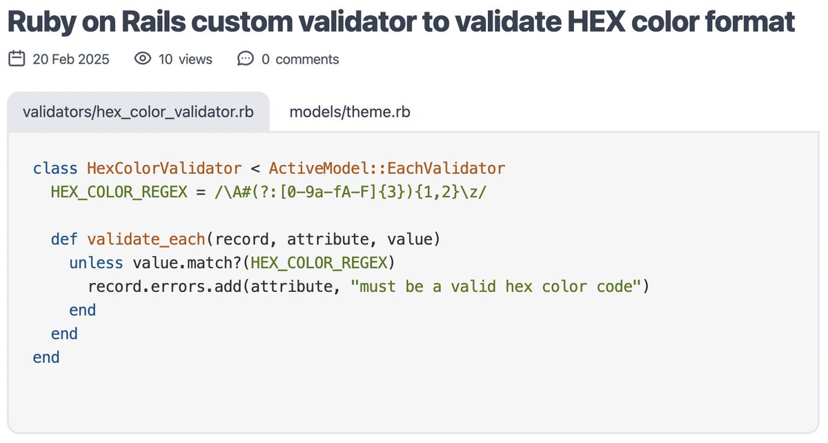 msojka's tweet photo. Ruby on Rails custom validator to validate HEX color format https://t.co/vlMW9Q4k9n #rubyonrails #ruby #codesnips https://t.co/JfRCpKTFDK