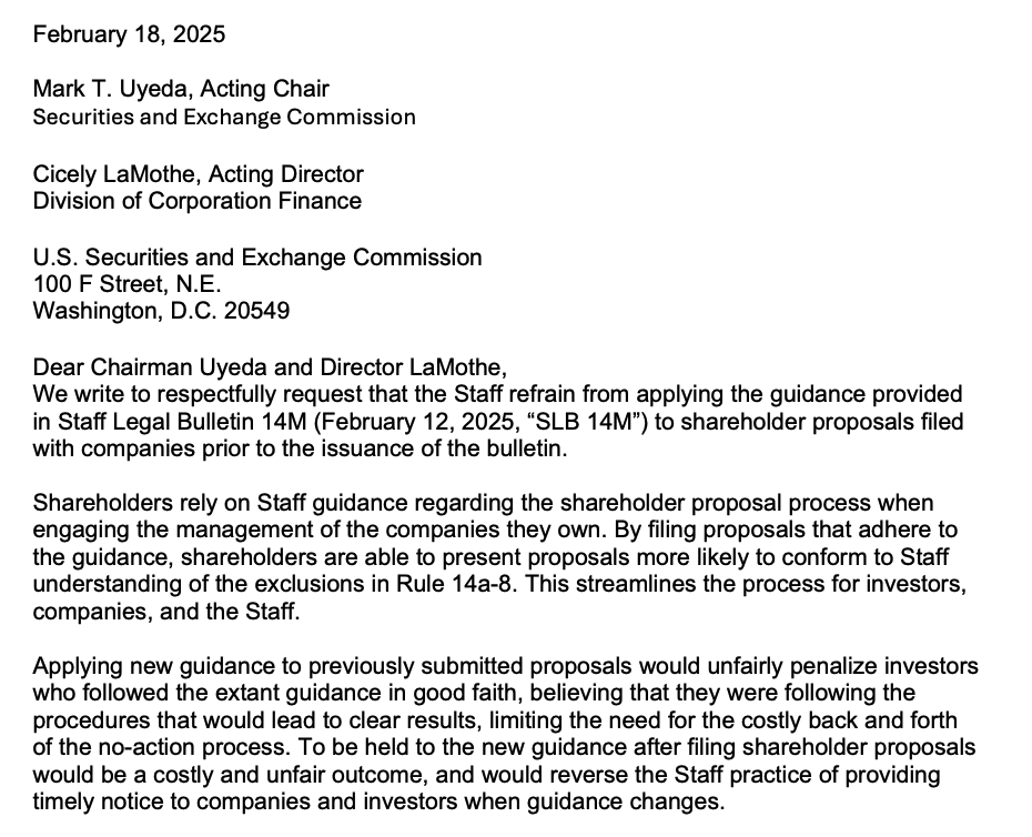 @openmicmedia.bsky.social (@openmicmedia) on Twitter photo New SEC guidelines imposed at the height of proxy season create a serious roadblock for investor advocates.
@ICCROnline, the Shareholder Rights Group, and <a href="/AsYouSow/">As You Sow</a> sent a letter to the SEC requesting that they withdraw the changes, at least until after the 2025 proxy season. 🧵 New SEC guidelines imposed at the height of proxy season create a serious roadblock for investor advocates.
@ICCROnline, the Shareholder Rights Group, and <a href="/AsYouSow/">As You Sow</a> sent a letter to the SEC requesting that they withdraw the changes, at least until after the 2025 proxy season. 🧵