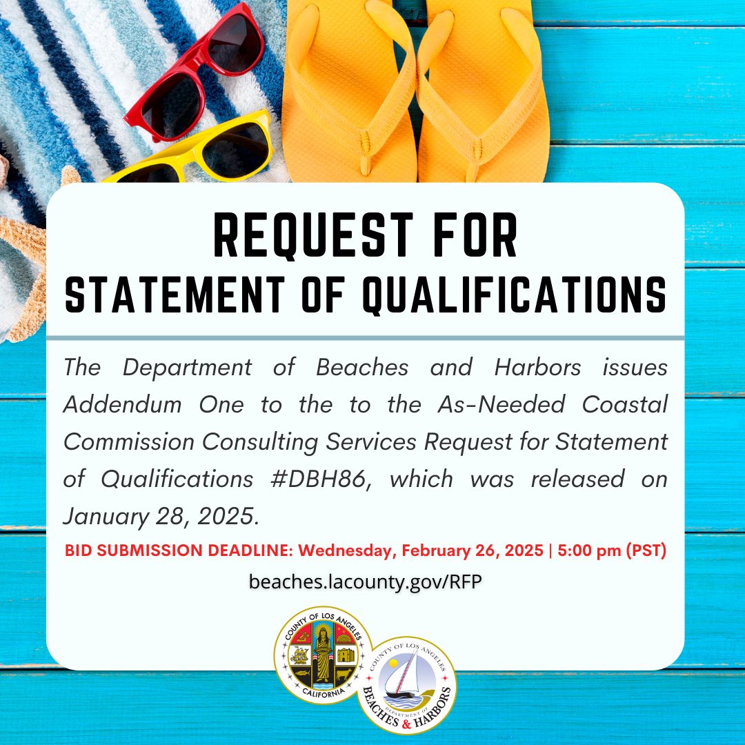 💫 The Department of Beaches and Harbors issues this Addendum One to the As-Needed Coastal Commission Consulting Services Request for Statement of Qualifications #DBH86, which was released on 1/28. 
 
⏰ Deadline: 2/26 - 5PM Contracts@bh.lacounty.gov
 
✨ beaches.lacounty.gov/rfp