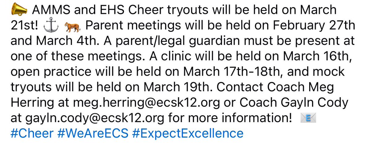 EufaulaCS's tweet photo. 📣 AMMS and EHS Cheer tryouts will be held on March 21st! ⚓️ 🐅 Parent meetings will be held on February 27th and March 4th. A parent/legal guardian must be present at one of these meetings. https://t.co/Mn3BqoqNfN