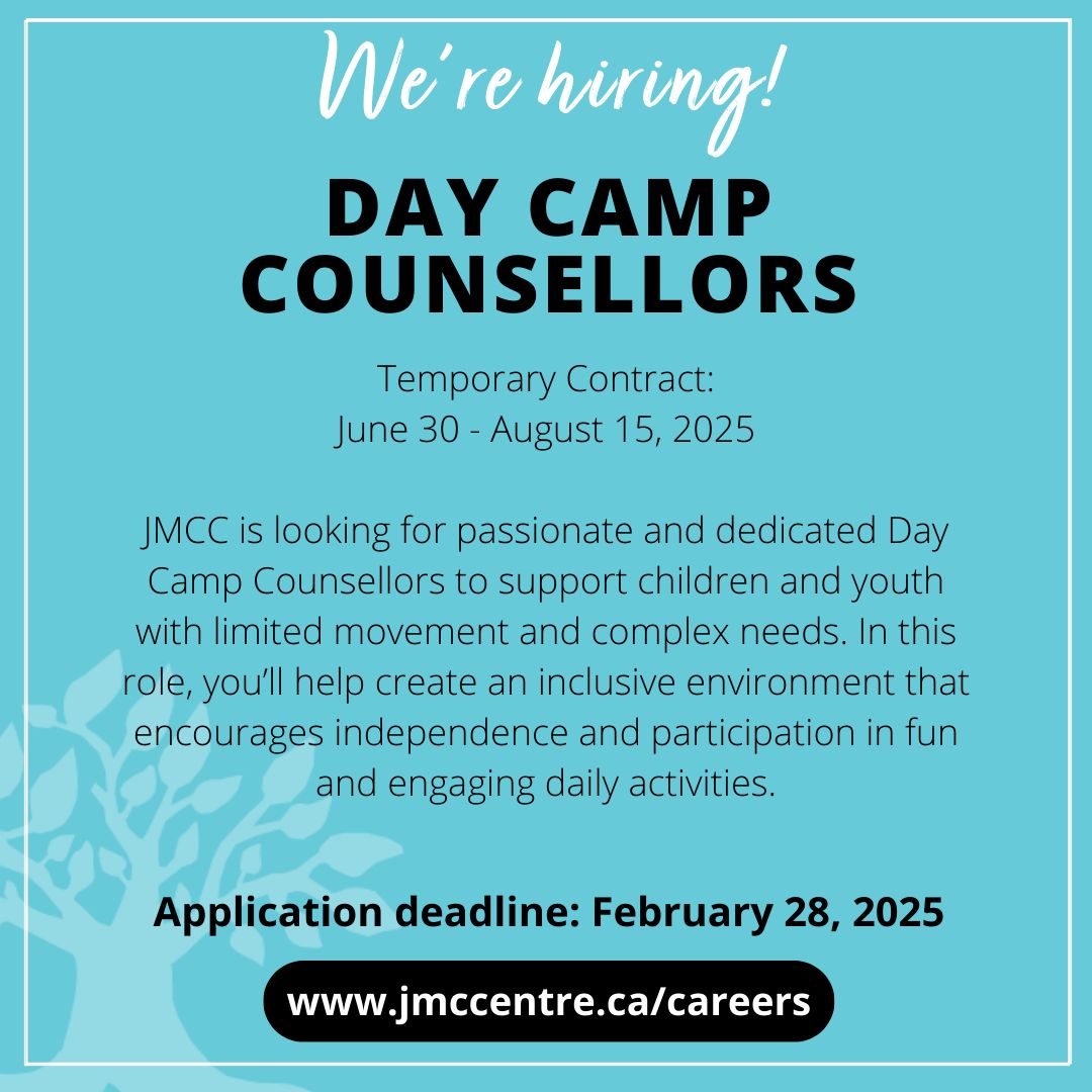 JMCC is seeking Day Camp Counsellors to support children &amp; youth with limited movement and complex needs.   jmccentre.ca/careers

#YQGJobs #WindsorEssexJobs