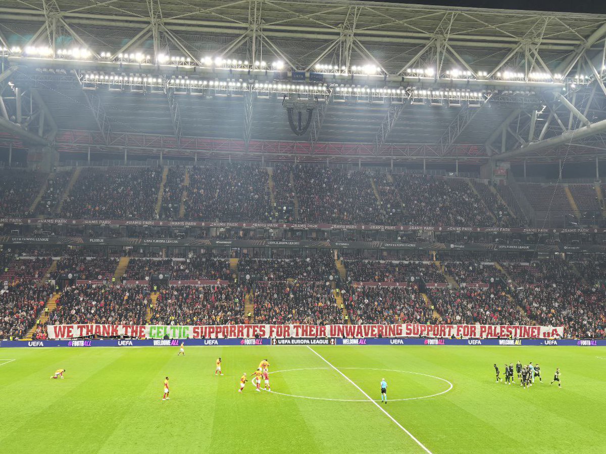 “We thank the Celtic supporters for their unwavering support for Palestine!”

Galatasaray fans at Rams Park, Istanbul, during tonight’s Europa League match.

🇵🇸🇵🇸🇵🇸🇵🇸🇵🇸🇵🇸🇵🇸🇵🇸🇵🇸