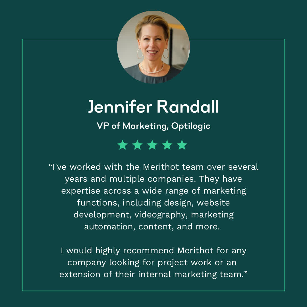 create_merithot's tweet photo. Great marketing takes a great team! 💡✨ From #design &amp; #websites to #content &amp; #video, we help brands stand out.

📣 "Merithot feels like an extension of your internal team." – Jennifer Randall, VP of Marketing at Optilogic

Ready to start a project? 👉 https://t.co/NoHnmSHsKY https://t.co/UQxzfo594b