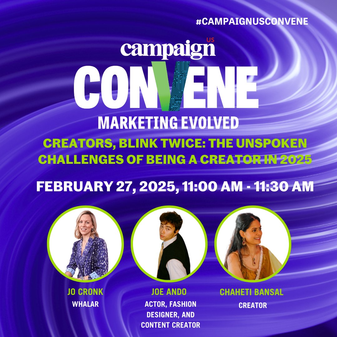 Catch us at Campaign US Convene: Marketing Evolved!

On 2/27, our very own Jo Cronk joins Sixteenth Talent Joe Ando &amp; Chaheti Bansal along with <a href="/prweek/">PRWeek</a>'s Julia Walker to discuss the unspoken challenges of being a Creator in 2025!

🔗 Learn more: tinyurl.com/4d3p5d48