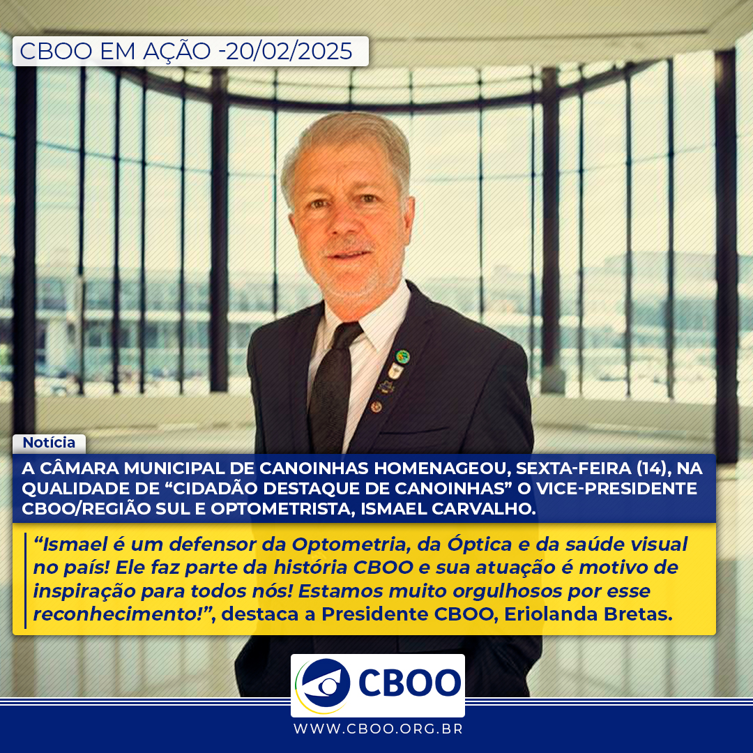 A Câmara Municipal de Canoinhas homenageou, sexta-feira (14), na qualidade de “Cidadão Destaque de Canoinhas” o Vice-Presidente CBOO/Região Sul e Optometrista, Ismael Carvalho.

#cboo #optometria #optica #canoinhas