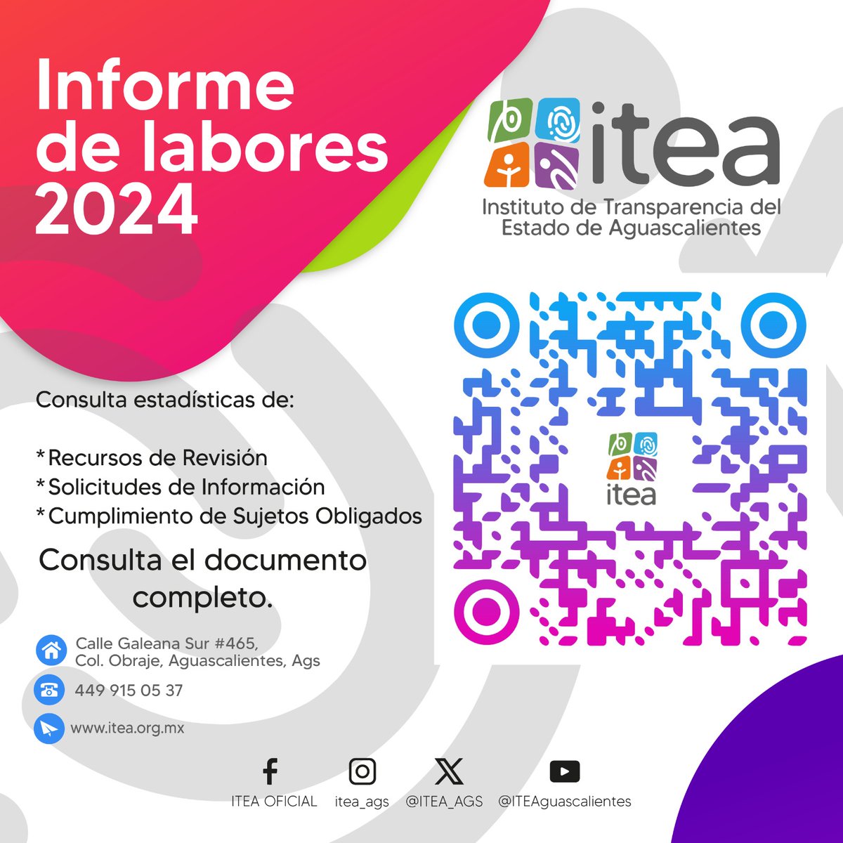Te invitamos a conocer el informe de actividades 2024 del ITEA.  
Escanea el código o consúltalo en la página 
👉itea.org.mx