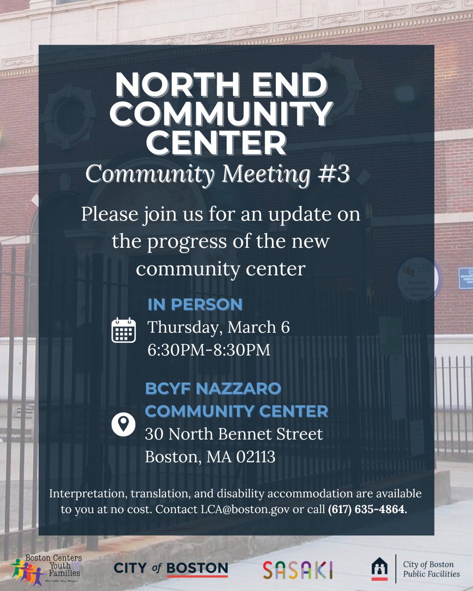 Community Center update meeting. Next Thursday, 6:30pm, Nazzaro Center.