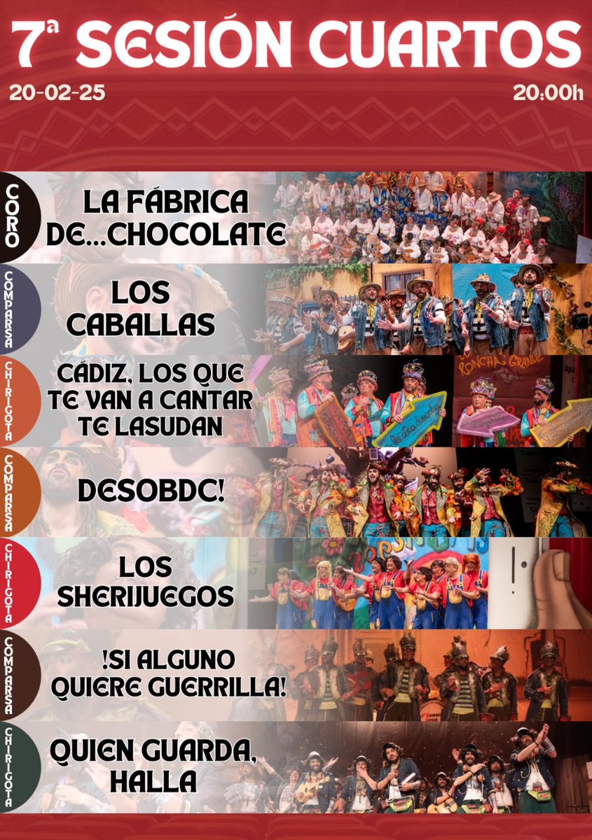 📋 Orden de actuación de la séptima sesión de Cuartos de Final del #COAC2025

#COAC2025C7