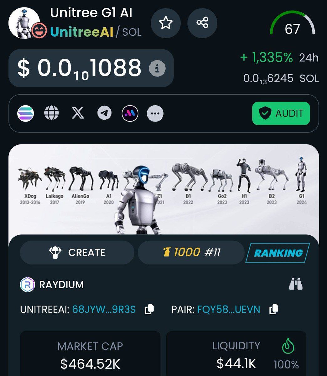 Unitree_G1's tweet image. $UnitreeAI  @UnitreeRobotics
🚀🚀🚀🤖🤖
UNITREEAI IS NITRO #1000 BOOSTED ON @DEXTOOLSAPP 🪙🪙🪙💥💥💥

LET&apos;S PUSH TOWARDS 10 MILLION MCAP 💥💥💯💯💎💎💰💰
dextools.io/app/en/solana/…

68Jyw882wE4UkreUpK3NTG9i5ZKuSj3xLUQshEra9r3s