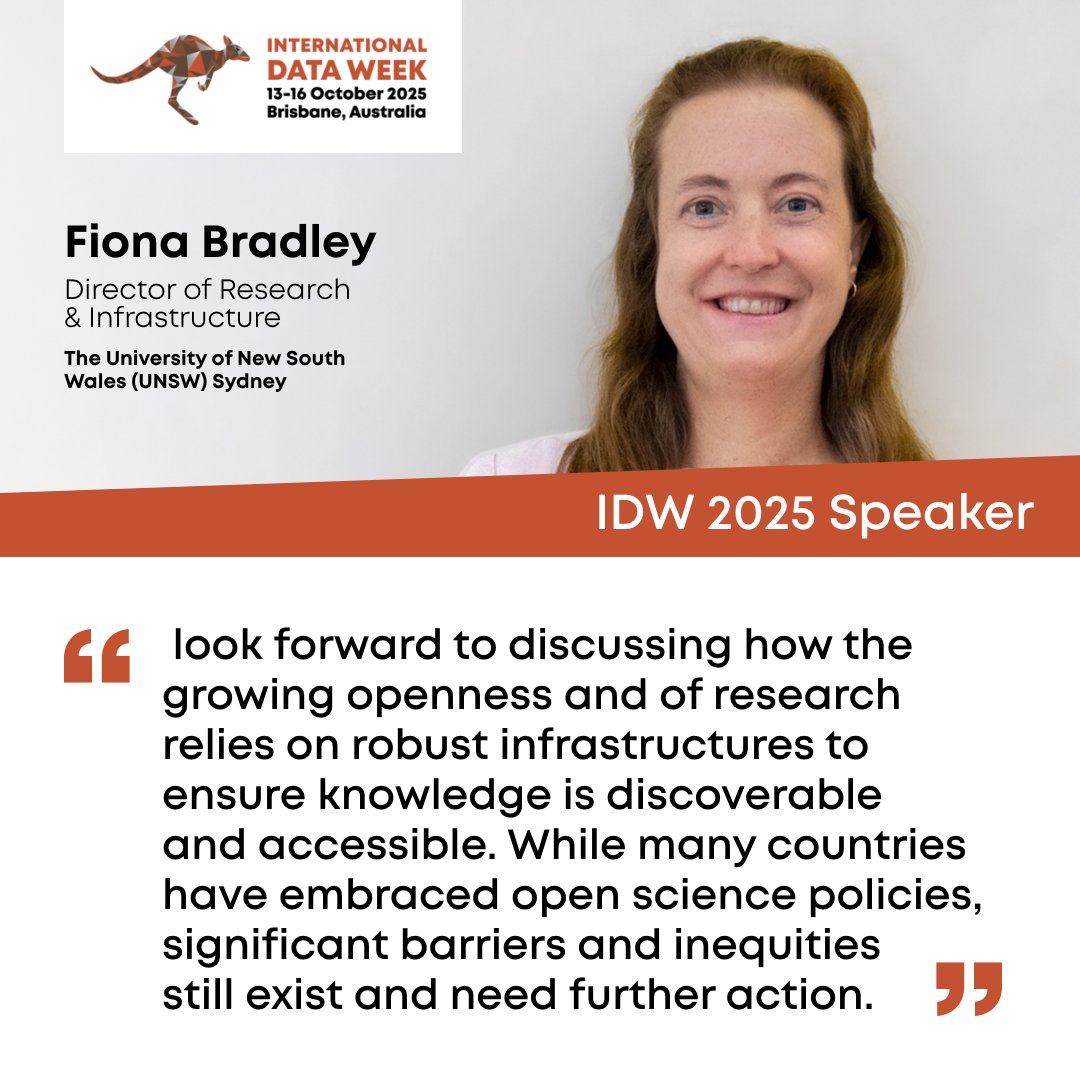 ISC_WDS's tweet image. 💡#IDW2025 Speakers announced! 💡

Meet one of our IDW 2025 keynote speakers Fiona Bradley

Check out what they&apos;ll be discussing and what they&apos;re looking forward to about the event: idw2025.org/speakers/

@IntDataWeek #DataPositiveChange #SciDataCon25 #RDAPlenary #NCRISimpact