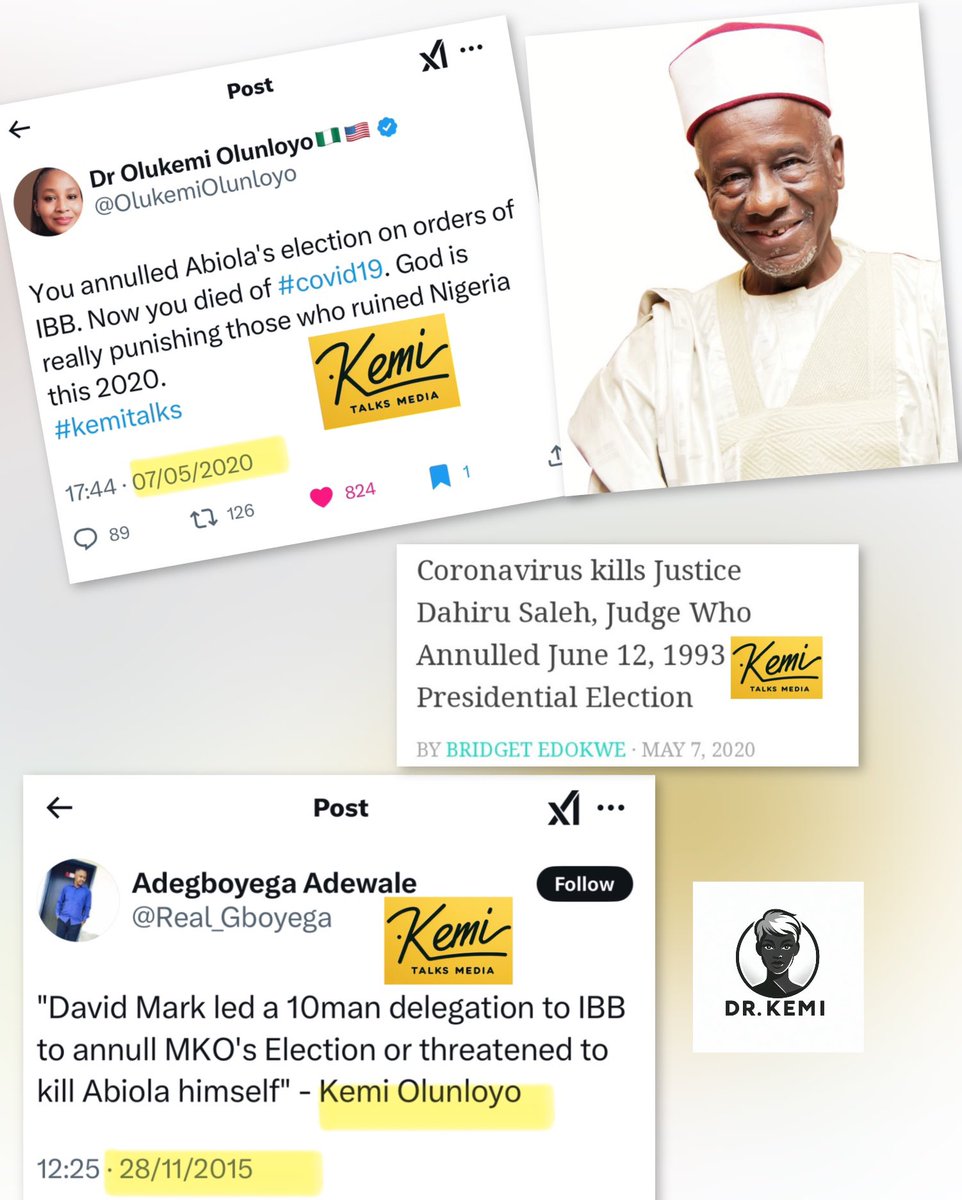 drkemiofnigeria's tweet photo. Today is a very sad day in Nigerian history. Mark down February 20th 2025 for your kids and grandkids. I told Nigerians in 2015 and 2020 what IBB said today. Gen David Mark threatened Abiola unless IBB anulled the election and in his exact words “If you don’t cancel that Abiola win, we will kill him ourselves” This is a day Chief Edwin Clark and Chief Ayo Adebanjo should be alive. They both passed away earlier this week. When I tweeted these, David Mark’s late son Tunde threatened me on Facebook but I did not back down. His father help steal a mandate and went on to become a Benue Senator and Senate President earning N1.5B location allowances. IBB and Mark and others killed Abiola’s dream. Another reason I will never practice Journalism in Nigeria, no believability and constantly branded a mad woman. May God forgive you all. You will never find a journalist like me AGAIN! 

Today I watched all IBB’s protégés some who got oil blocks like Arthur Eze praising him that IBB made him. I did not see Deji Adeleke another oil block beneficiary. They all started their energy companies with Nigeria’s taxpayer oil. Eze donated N500M to the IBB “Presidential library”📚 while many are hungry in his backyard. Aliko was also there donating N2B yearly for 4 yrs. Today Babangida “confessed” according to the dumb mainstream media who could have reported this years ago but in fear of their owners. Sowore vindicated me as well today.

May Uncle Isiaka💔🕊️🪦 our family friend aka Serubawon Adeleke rest in peace (in these pics I took with my dad when we visited him in 2016 in Oshogbo) He gave IBB sleepless nights on the Abiola election 🗳️ 🇳🇬annulment. Now you know why I lead a protest at late Olubadan Odulana’s 🪦🕊️palace in 2015 when they wanted to give David Mark an Ibadan chieftaincy title. My dad begged me to abort the protest. David Mark is still alive and my dad will be 90yo in 6 weeks. Babangida made Buhari pacify the family with their Democracy day on June 12th. I don’t celebrate lies. 

Below are my tweets. Some of you were mere kids in 2015. Know the history of Nigeria. 

God Bless Nigeria.

@DrOlukemiOlunloyo 🇳🇬