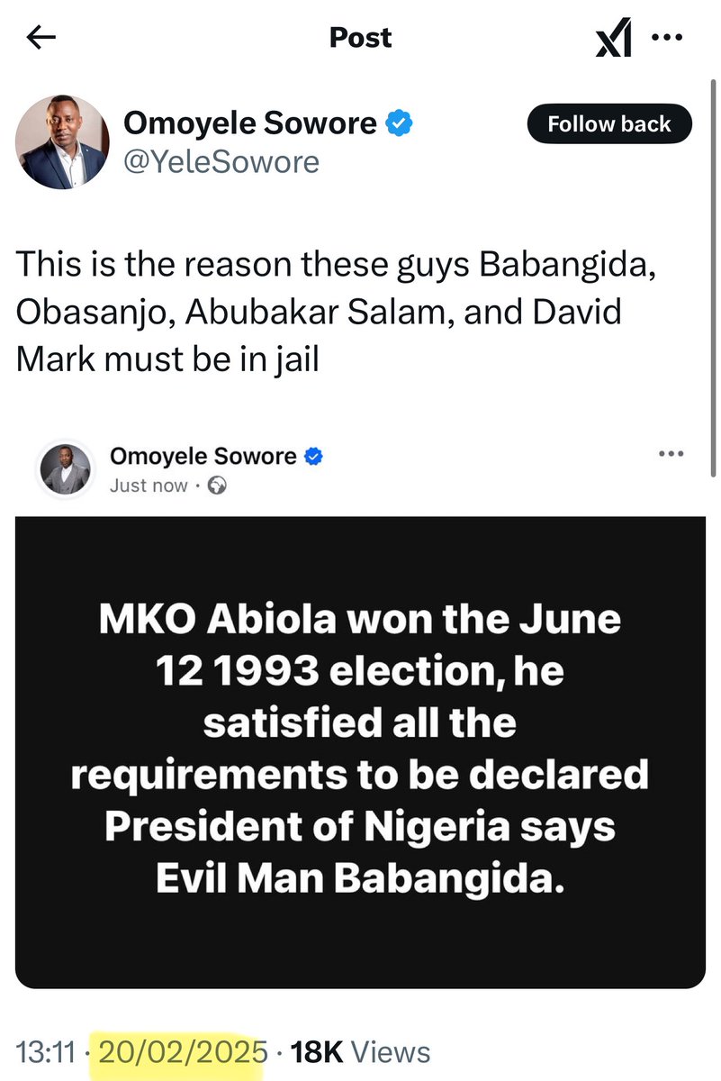 drkemiofnigeria's tweet photo. Today is a very sad day in Nigerian history. Mark down February 20th 2025 for your kids and grandkids. I told Nigerians in 2015 and 2020 what IBB said today. Gen David Mark threatened Abiola unless IBB anulled the election and in his exact words “If you don’t cancel that Abiola win, we will kill him ourselves” This is a day Chief Edwin Clark and Chief Ayo Adebanjo should be alive. They both passed away earlier this week. When I tweeted these, David Mark’s late son Tunde threatened me on Facebook but I did not back down. His father help steal a mandate and went on to become a Benue Senator and Senate President earning N1.5B location allowances. IBB and Mark and others killed Abiola’s dream. Another reason I will never practice Journalism in Nigeria, no believability and constantly branded a mad woman. May God forgive you all. You will never find a journalist like me AGAIN! 

Today I watched all IBB’s protégés some who got oil blocks like Arthur Eze praising him that IBB made him. I did not see Deji Adeleke another oil block beneficiary. They all started their energy companies with Nigeria’s taxpayer oil. Eze donated N500M to the IBB “Presidential library”📚 while many are hungry in his backyard. Aliko was also there donating N2B yearly for 4 yrs. Today Babangida “confessed” according to the dumb mainstream media who could have reported this years ago but in fear of their owners. Sowore vindicated me as well today.

May Uncle Isiaka💔🕊️🪦 our family friend aka Serubawon Adeleke rest in peace (in these pics I took with my dad when we visited him in 2016 in Oshogbo) He gave IBB sleepless nights on the Abiola election 🗳️ 🇳🇬annulment. Now you know why I lead a protest at late Olubadan Odulana’s 🪦🕊️palace in 2015 when they wanted to give David Mark an Ibadan chieftaincy title. My dad begged me to abort the protest. David Mark is still alive and my dad will be 90yo in 6 weeks. Babangida made Buhari pacify the family with their Democracy day on June 12th. I don’t celebrate lies. 

Below are my tweets. Some of you were mere kids in 2015. Know the history of Nigeria. 

God Bless Nigeria.

@DrOlukemiOlunloyo 🇳🇬