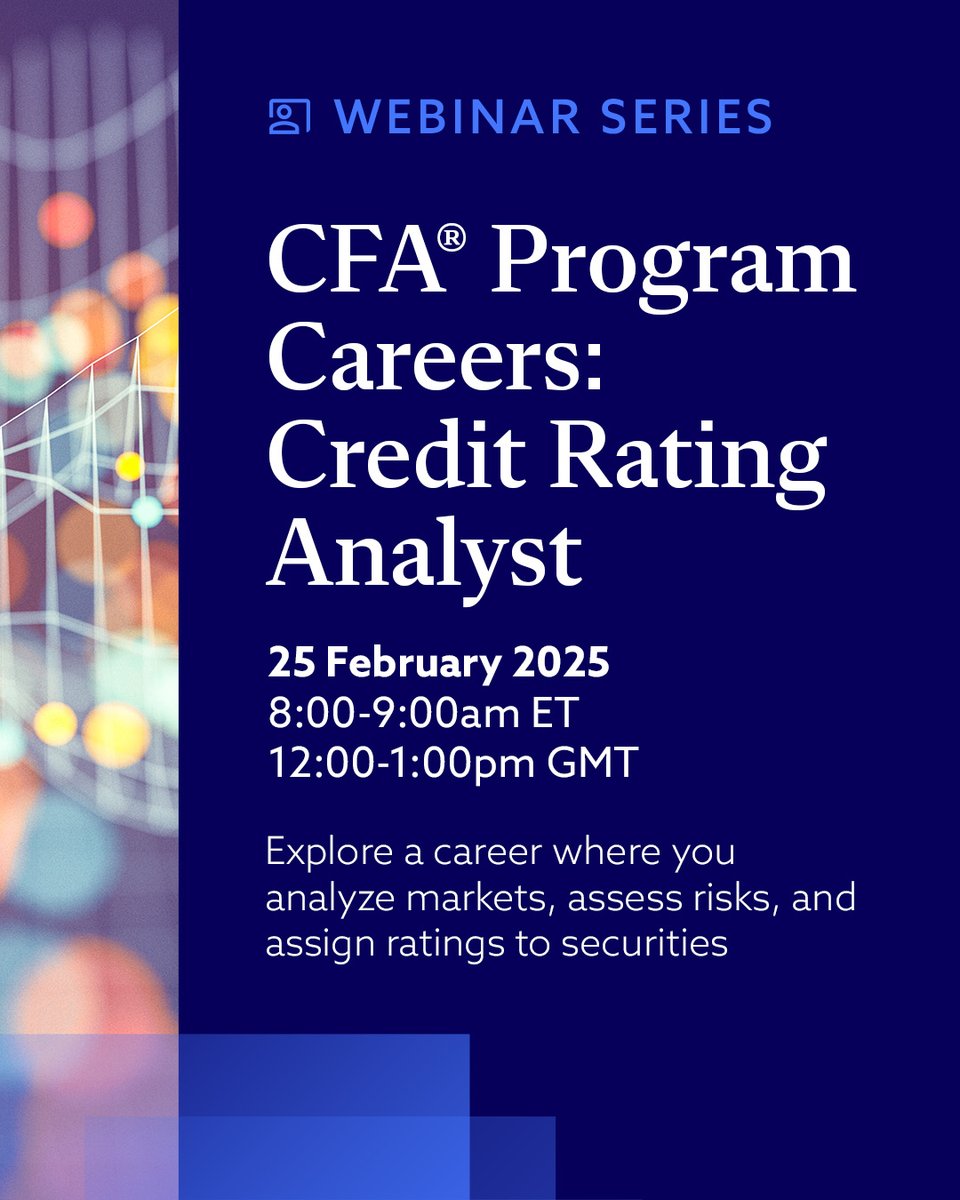 CFAProgram's tweet image. Is a career in credit rating analysis right for you? 📊
Join us for the next episode in our career webinar series, where industry professionals will share what it takes to succeed as a Credit Rating Analyst.
Register today: cfainst.is/4fsF3b0