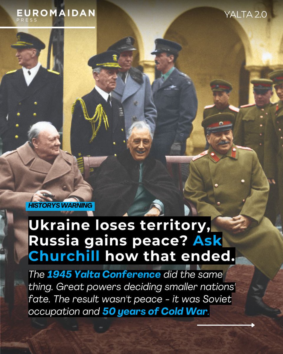 EuromaidanPress's tweet photo. In 1945, the West let Stalin carve up Eastern Europe for "stability." 

The true cost? 50 years of Soviet oppression and the Cold War. 

Today, a Ukraine "peace deal" would repeat that betrayal - and reignite the Cold War. The cost? Decades of instability & skyrocketing defense spending #NeverAgain #NoMoreMunich #StandWithUkraine 
https://t.co/KS0tLIOyzx
