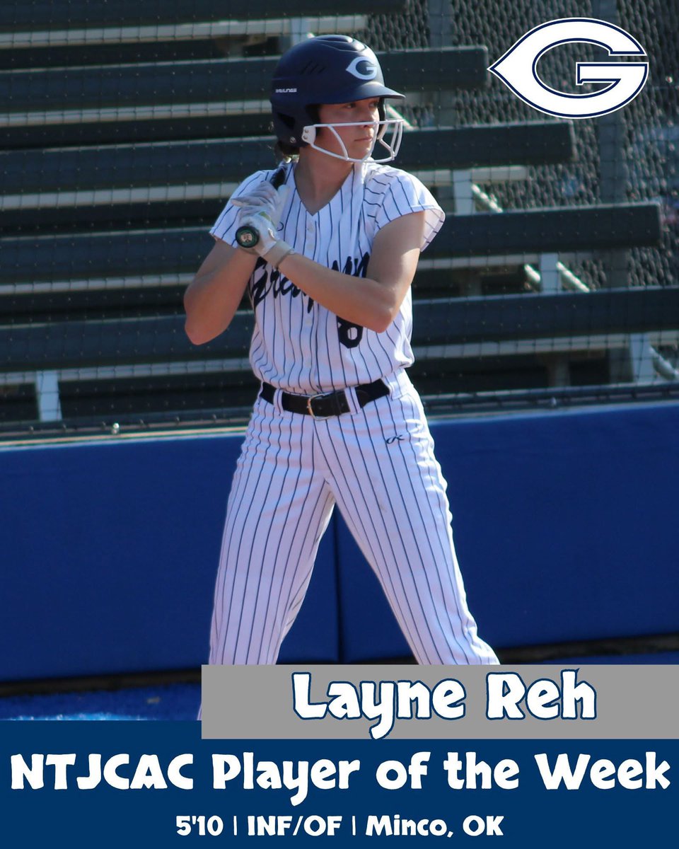Big shoutout to Layne Reh for NTJCAC Player of the Week Honors! 

In six games, she recorded 14 hits, a home run and eight RBI. Reh tallied four stolen bases, and scored 10 runs. She finished with a .636 batting average, .680 on base percentage, and a 1.045 slugging percentage!