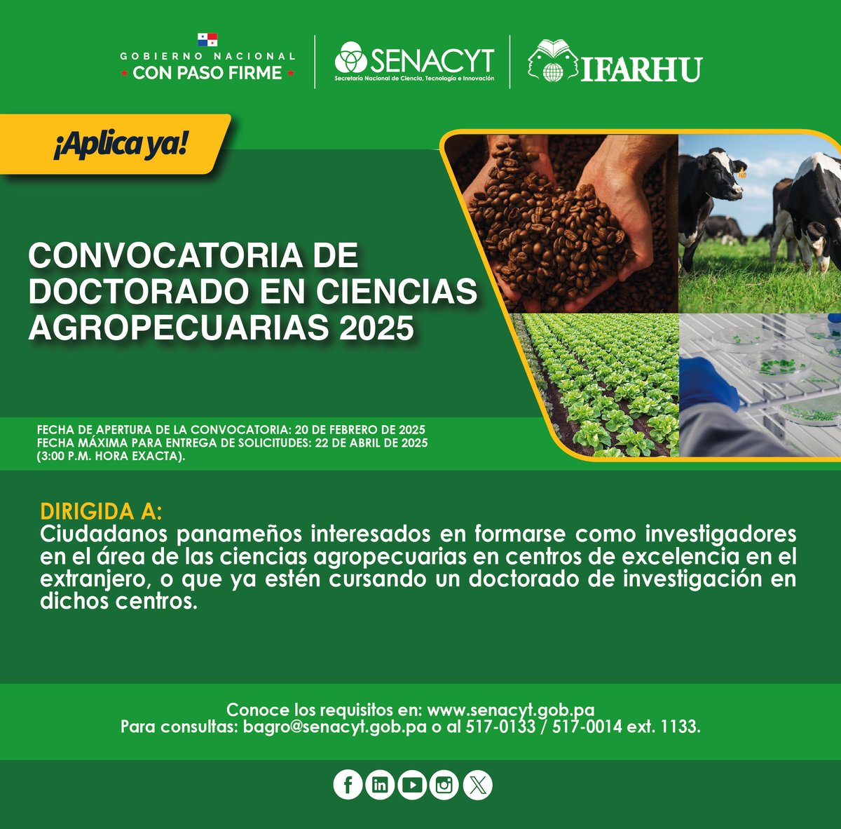 ¡Aplica ya!
CONVOCATORIA DE DOCTORADO EN CIENCIAS AGROPECUARIAS 2025

Conoce los requisitos en: senacyt.gob.pa/convocatoria-d…

Fecha máxima de entrega de solicitudes: 22 de abril, hora exacta 3:00pm

Para consultas: bagro@senacyt.gob.pa o al 517-0133 / 517-0014 ext. 1133