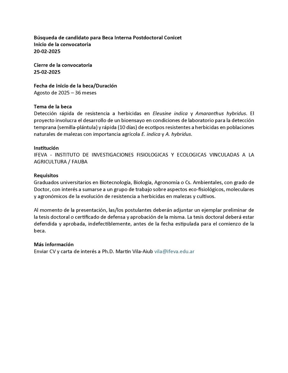 Búsqueda de candidato a presentarse a Beca Internal Postdoctoral Conicet. Detalles 👇