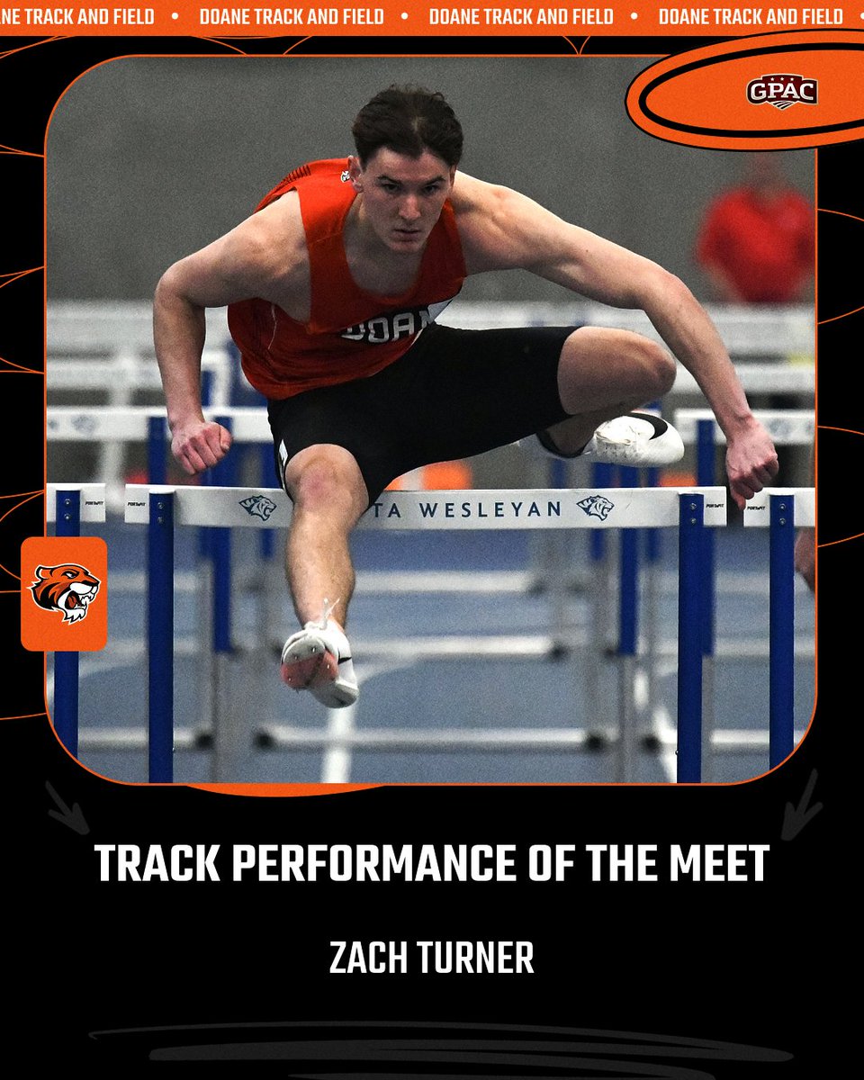 Congrats to Zach Turner of #DoaneTF, receiving the GPAC Men's Track Performance of the Meet for his meet record time in the 60m hurdles!
