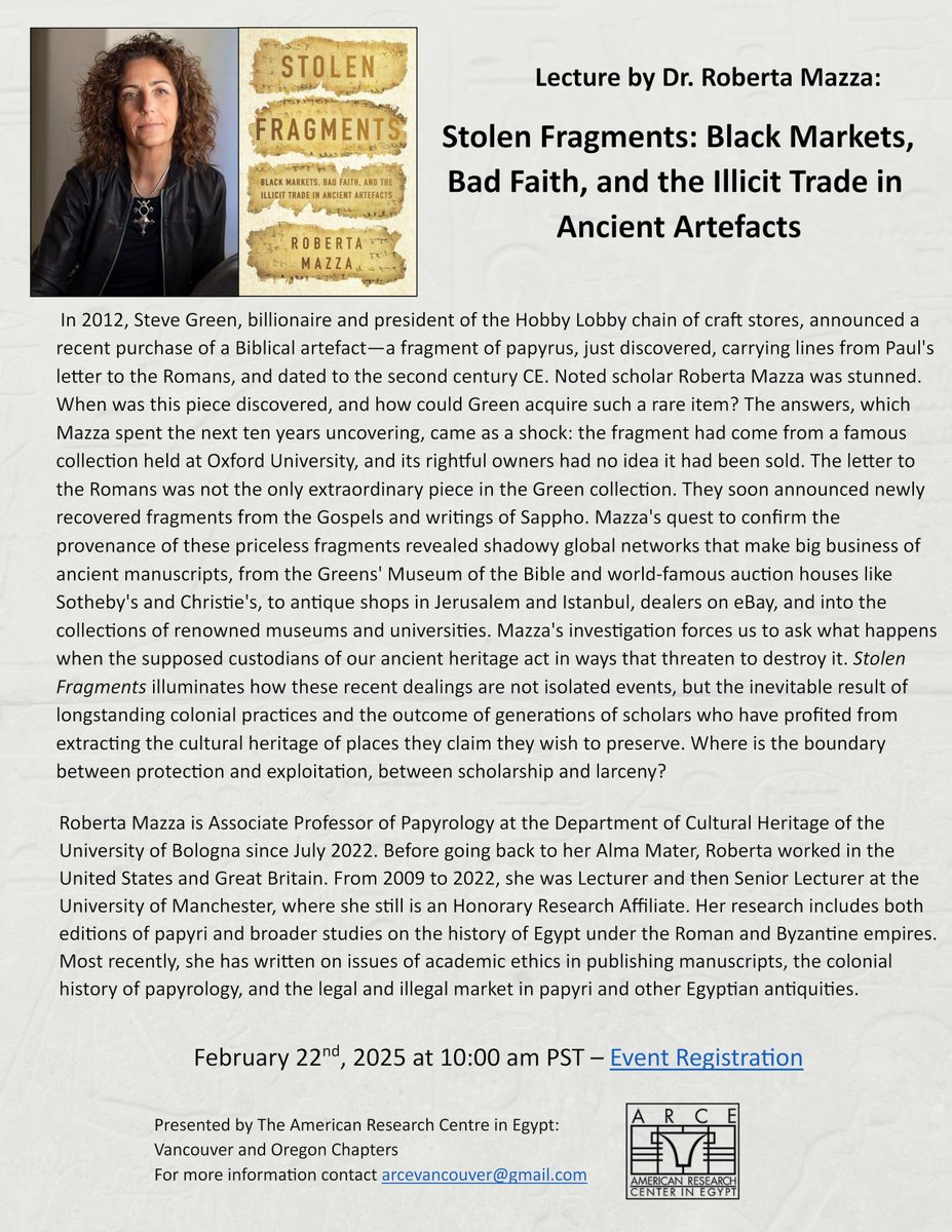 archaeologuest's tweet photo. Very excited for this Saturday's lecture! If you are interested in Egyptian cultural heritage and the antiquities trade, you won't want to miss it! 

Registration (free for members &amp; non-members): https://t.co/3cn6PemMJO 

#ArceVancouver #StolenFragments #Papyri #Sappho https://t.co/sJ91DrRrxr