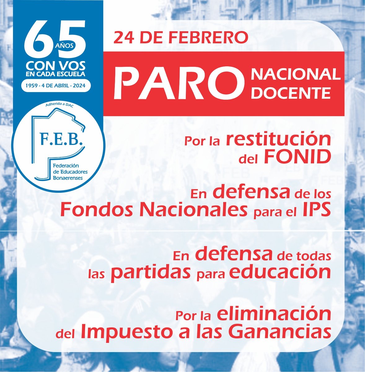 LaFEB's tweet photo. 🔴 PARO NACIONAL DOCENTE 🔴
🗓️ 24 de febrero https://t.co/oxcyXO8NIc