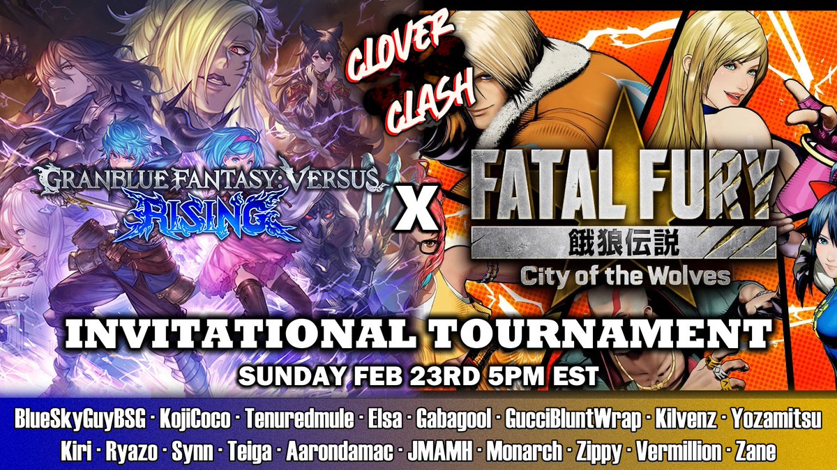 Time to REV it up! Clover Clash Presents: #GBVSR x #FFCotW Invitational Tournament featuring 18 incredible players from the NA GBVSR community!

Tune in this Sunday at 5PM EST at twitchtv/hueberttv to watch the action!