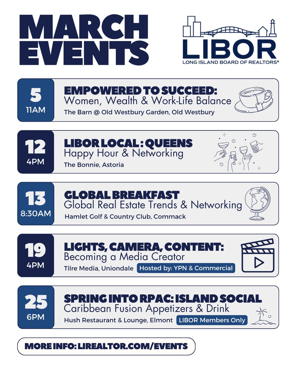 🚨 March is PACKED with can’t-miss events!
Get ready for a month full of opportunities, connections, and inspiration. Spots fill up fast, so lock in your spot NOW! View the full calendar &amp; register today: lirealtor.com/events
Don’t wait—March will be here before you know it!